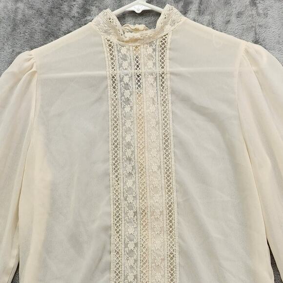 Vintage 80s Lisa Evans Top Women 10 Ivory Chiffon High Neck Lace Overlay Western - Picture 2 of 10